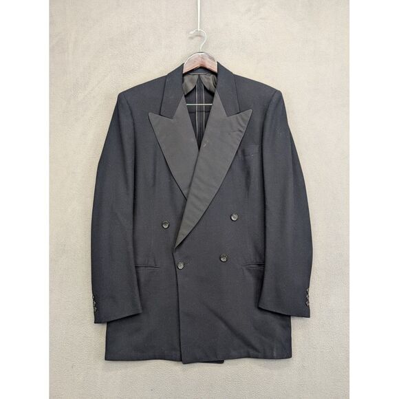 Vintage 1950's Double Breasted Tuxedo Jacket 42L Black Peak Lapel Heavy Wool
